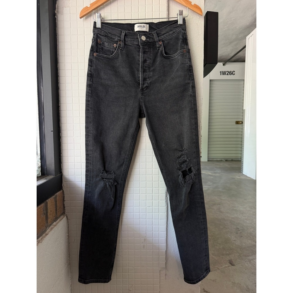 AGOLDE Nico High Rise Slim Jeans Cassette 25 Black Distressed Ripped Knee - Picture 2 of 9